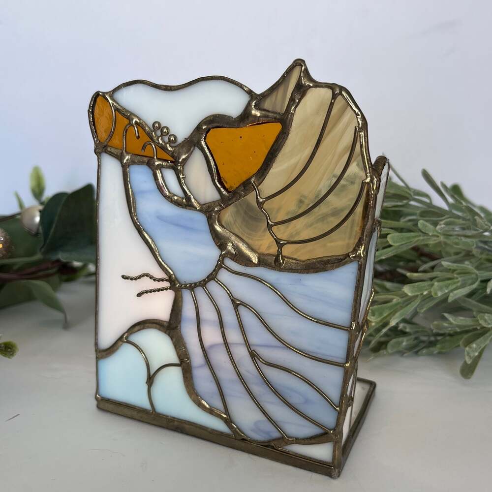 Vintage Stained Glass Trumpeting Angel Tabletop Candle Holder Brass Tone Lead